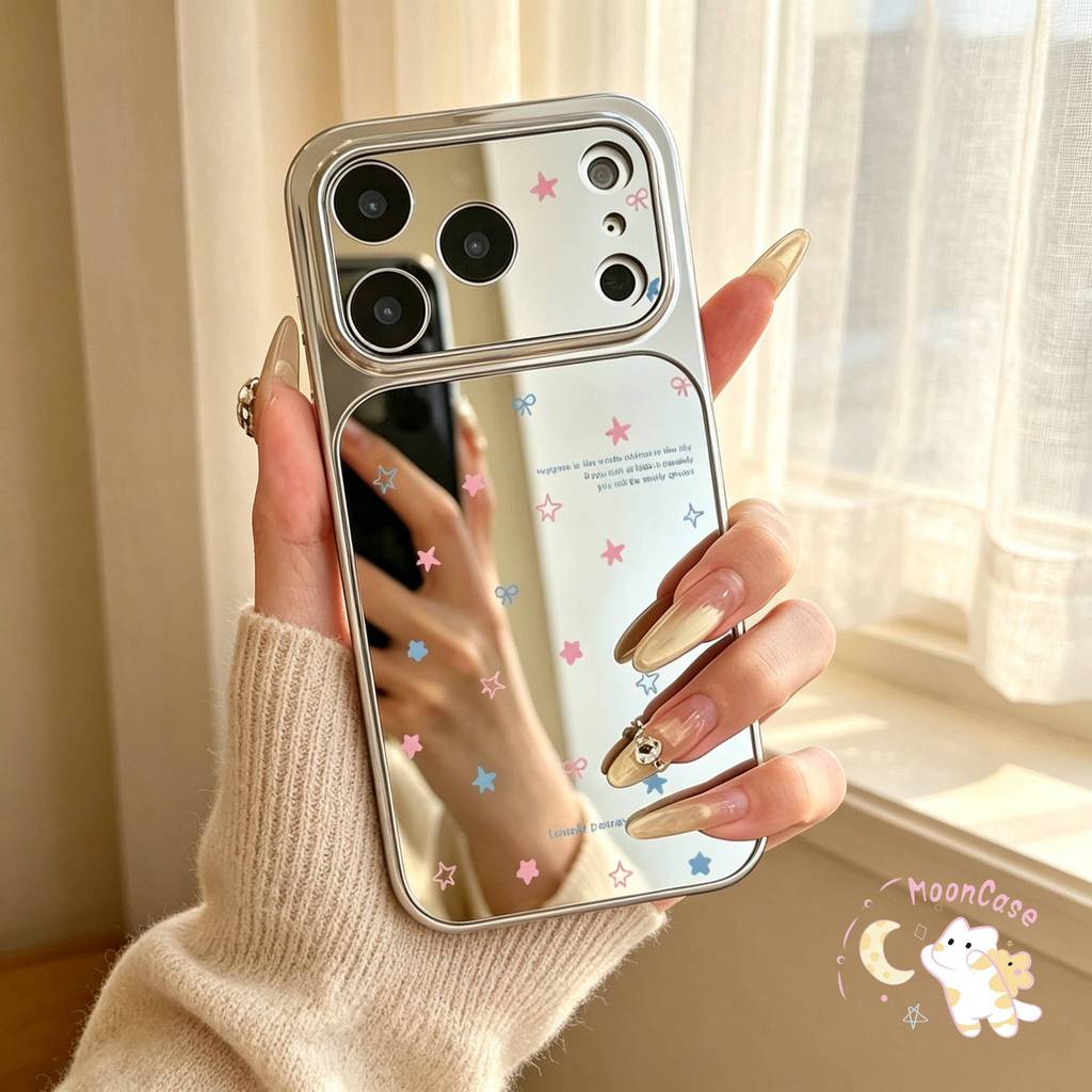เคสโทรศัพท์ iPhone 17 13 16 15 11 14 12 Pro Max 16 15 14 Plus เคสกระจกหน้าต่างใหญ่ ลายดาวและโบว์สีสันสไตล์หวาน