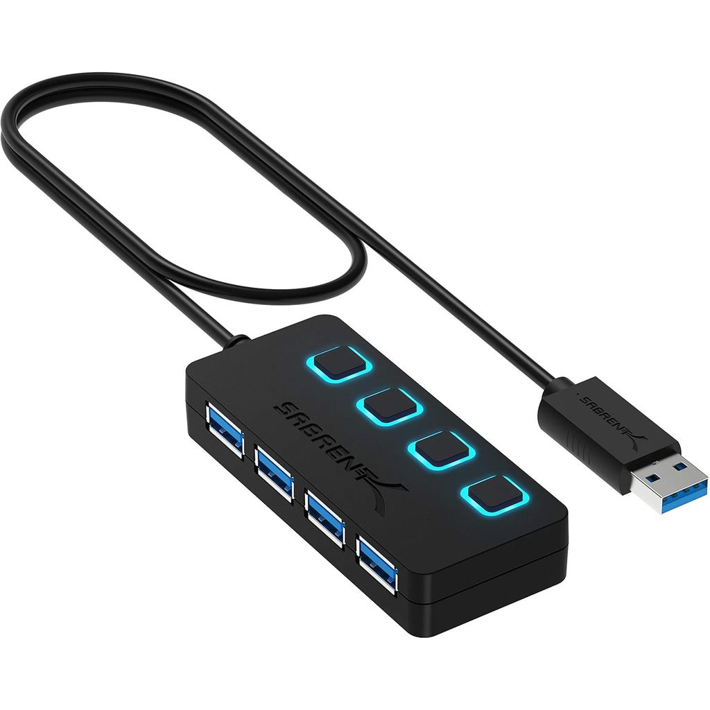 SABRENT ฮับ USB 3.0 4 พอร์ตพร้อมสวิตช์ไฟ LED ส่วนบุคคล - บาง ดีไซน์พกพา - สายเคเบิล 2 ฟุต - การถ่ายโ