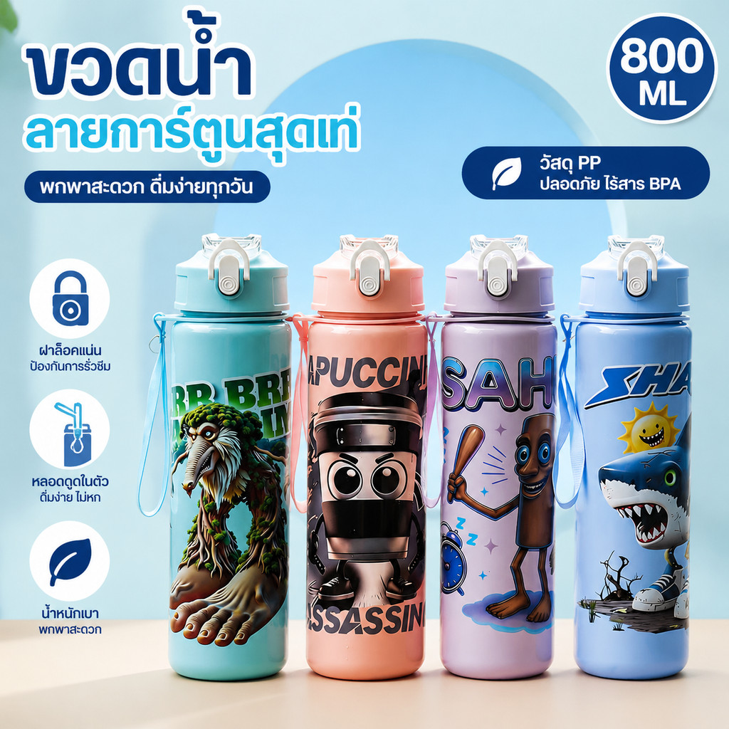 【พร้อมส่ง】ขวดน้ำพลาสติกพีพี 800ml ลายการ์ตูนเทรนด์ มีหลอดดูด พกพาสะดวก สำหรับนักเรียน