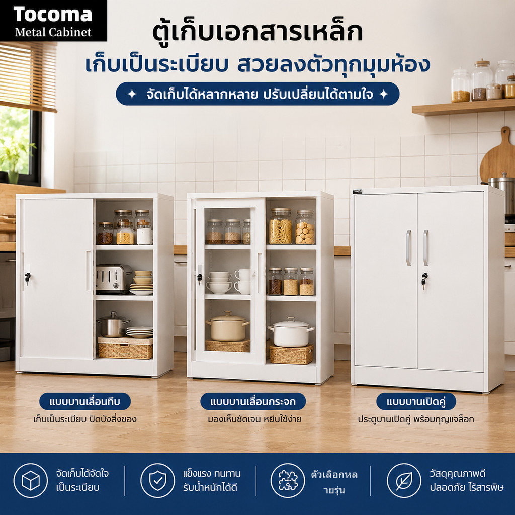 ตู้เก็บเครื่องครัวเหล็ก ตู้เหล็กบานเลื่อนมีกุญแจ อเนกประสงค์ สไตล์เรียบง่าย แข็งแรงรับน้ำหนักได้ DIY ต่อชุดได้ เหมาะวางใ