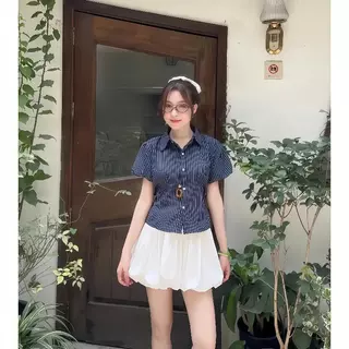 mimi&didi-เสื้อเชิ้ตแขนสั้นลายทางผู้หญิง คอปก มีแขนพัฟ เอวสั้น ทรงสลิมฟิต ทำจากผ้าฝ้ายและผ้าลินินเนื้อนุ่ม น่ารัก-w767
