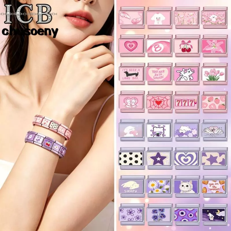 🌸กำไลข้อมือ Charm สไตล์อิตาลี สีชมพูและม่วง เหมาะสำหรับกำไลสแตนเลสขนาด 9 มม. อุปกรณ์ทำเครื่องประดับ DIY สไตล์เรโทร กำไลข้อมือโมดูลบุคลิกภาพ