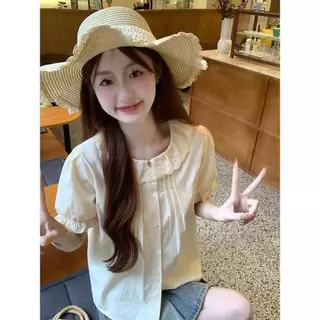 mimi&diid-เสื้อเชิ้ตแขนสั้นสีฟ้าทรงหลวมน่ารัก เสื้อไซส์ใหญ่ดีไซน์เก๋ไก๋สไตล์เกาหลี พร้อมปกปีเตอร์แพน สำหรับผู้หญิง-W755