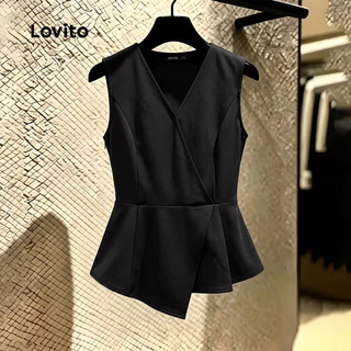 (New Arrival) Lovito เสื้อท็อปผู้หญิงสีดําทรงไม่สมมาตร สไตล์ฤดูใบไม้ผลิ/ฤดูร้อน TKK8P1D616