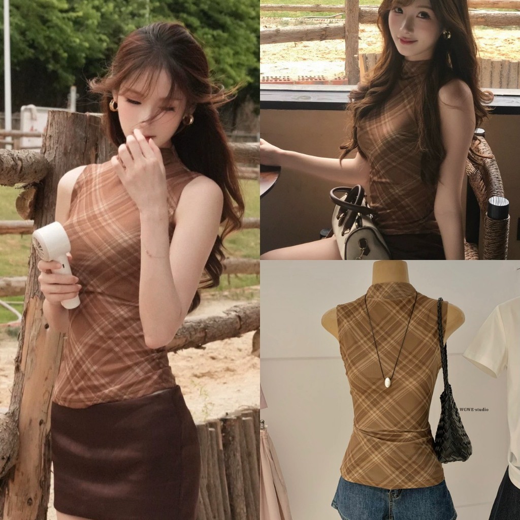 W10396 เสื้อแขนกุดลายสก็อตโทนน้ำตาลสุดละมุน ใส่แล้วดูหุ่นเพรียว แฟชั่นเกาหลี TAG WG.WE