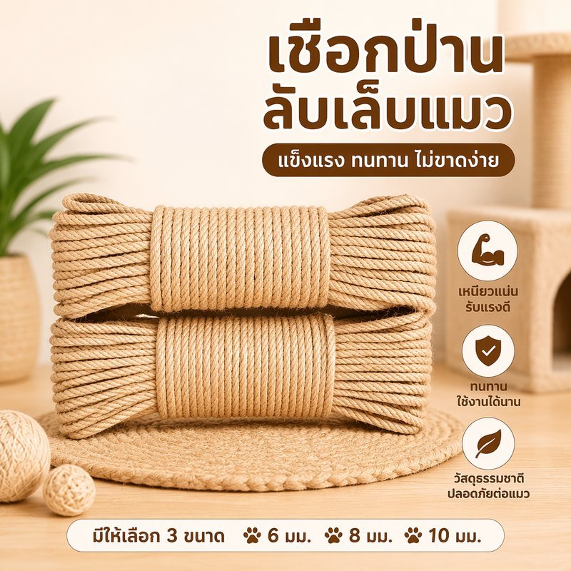 เชือกป่านศรนารายณ์ สำหรับเสาลับเล็บแมว เชือกคอนโดแมว ซ่อมที่ลับเล็บ DIY 6mm 8mm 100m 200m