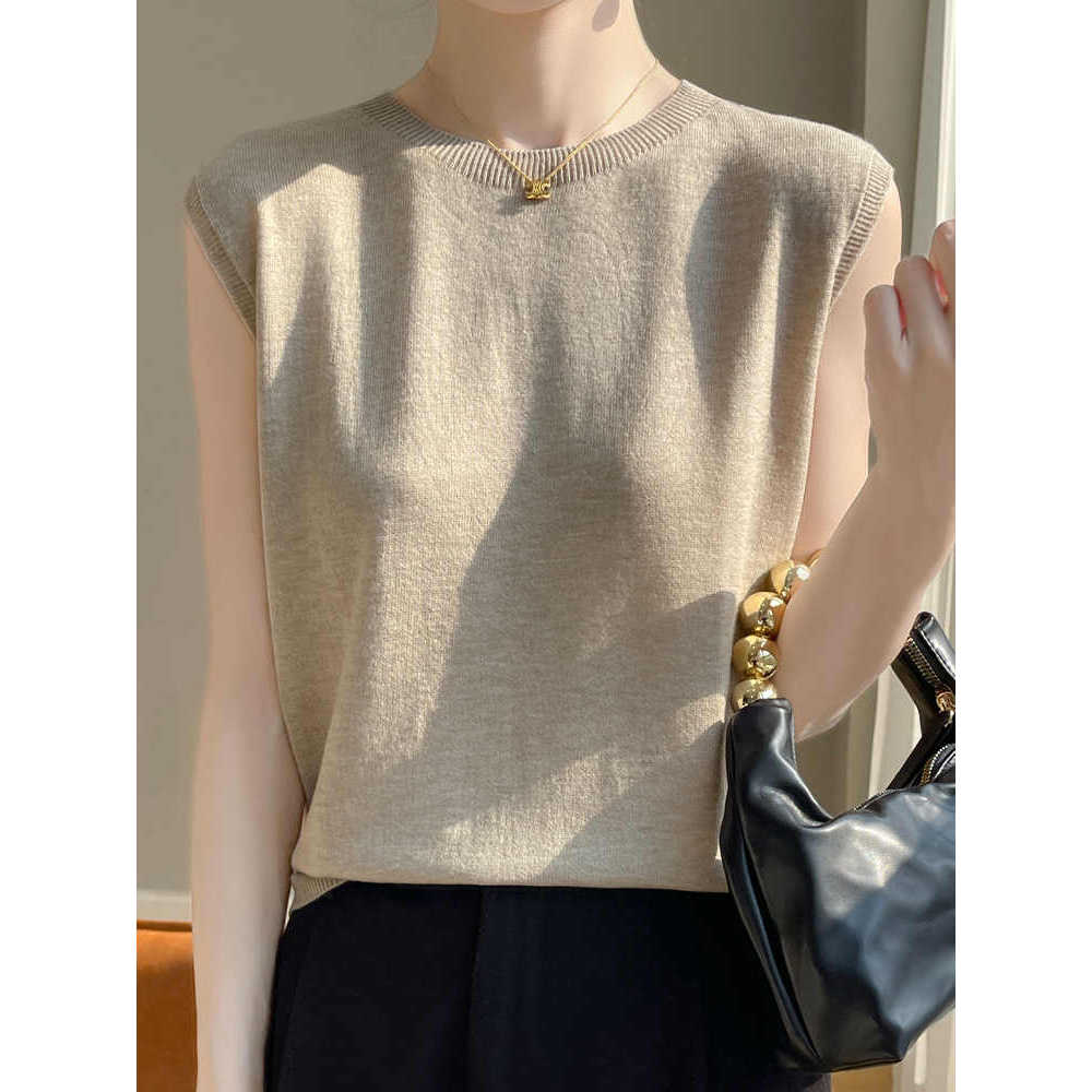 2026 Core-spun เส้นด้ายผู้หญิง High-End Cashmere สีขาวแขนกุดรอบคอเสื้อกั๊กขนสัตว์เสื้อแขนสั้นผู้หญิงฤดูร้อน Happy Me Match FF3C