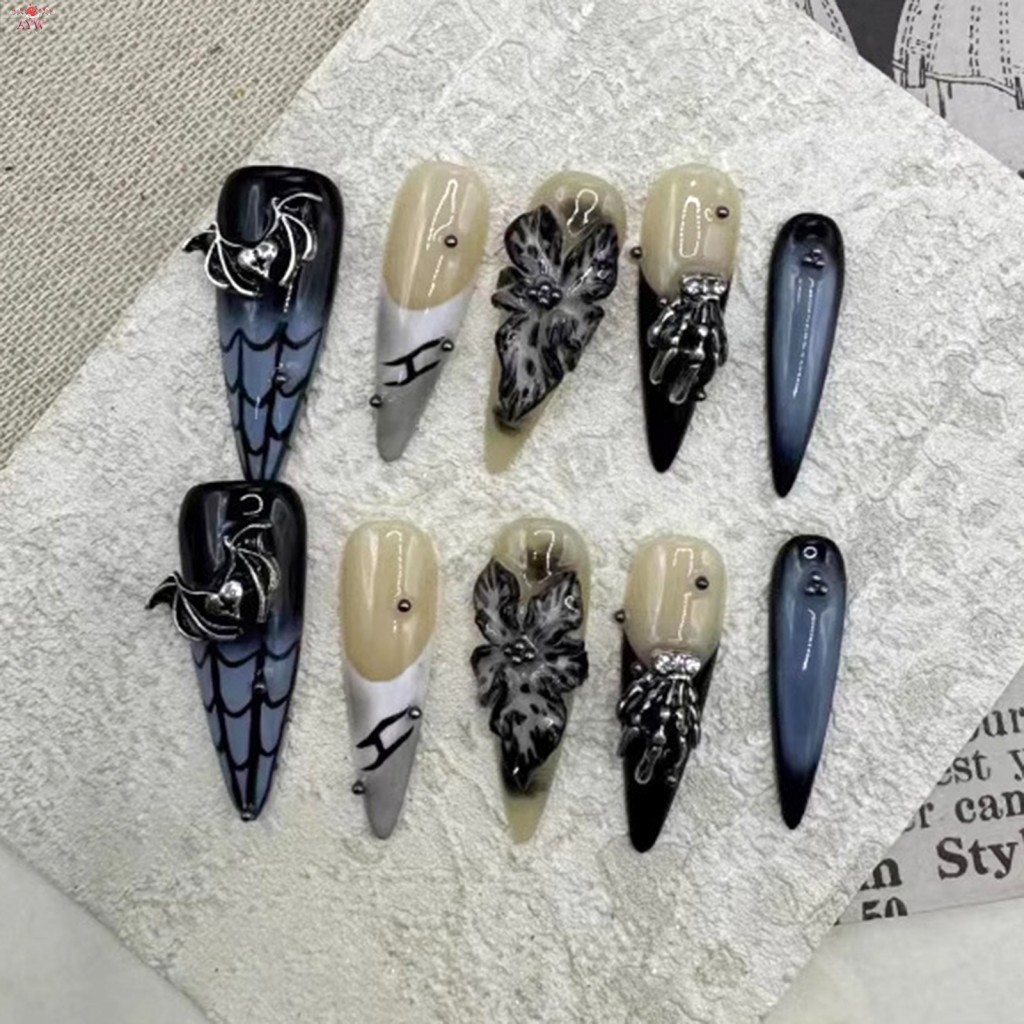 10 ชิ้น Handmade Oval Spider Web Dark สไตล์เล็บปลอม