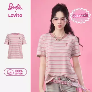 Barbie™ X Lovito แคชชวล เสื้อยืดลำลองแขนสั้นน่ารัก ผ้าฝ้าย 100% สีชมพูตัดกัน สำหรับฤดูใบไม้ผลิ/ฤดูร้อน สำหรับผู้หญิง เกาหลี อินเทรนด์ LB1AD015