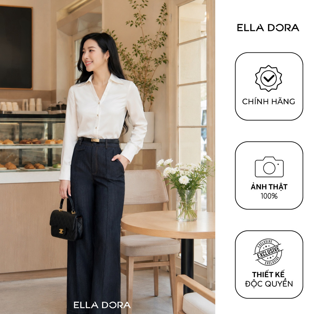 ELLA DORA เสื้อเชิ้ตออฟฟิศผู้หญิงคอวี กระดุมทองแดง 5 เม็ด แขนยาว ทันสมัย ทรงตรงใส่ง่าย สีขาว [SM177L
