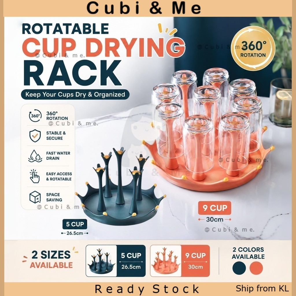 C&M Rak Pengering Cawan Berputar 5/9 Slot 360 หมุนถ้วยราวตากผ้าผู้ถือ 5/9 ถ้วย