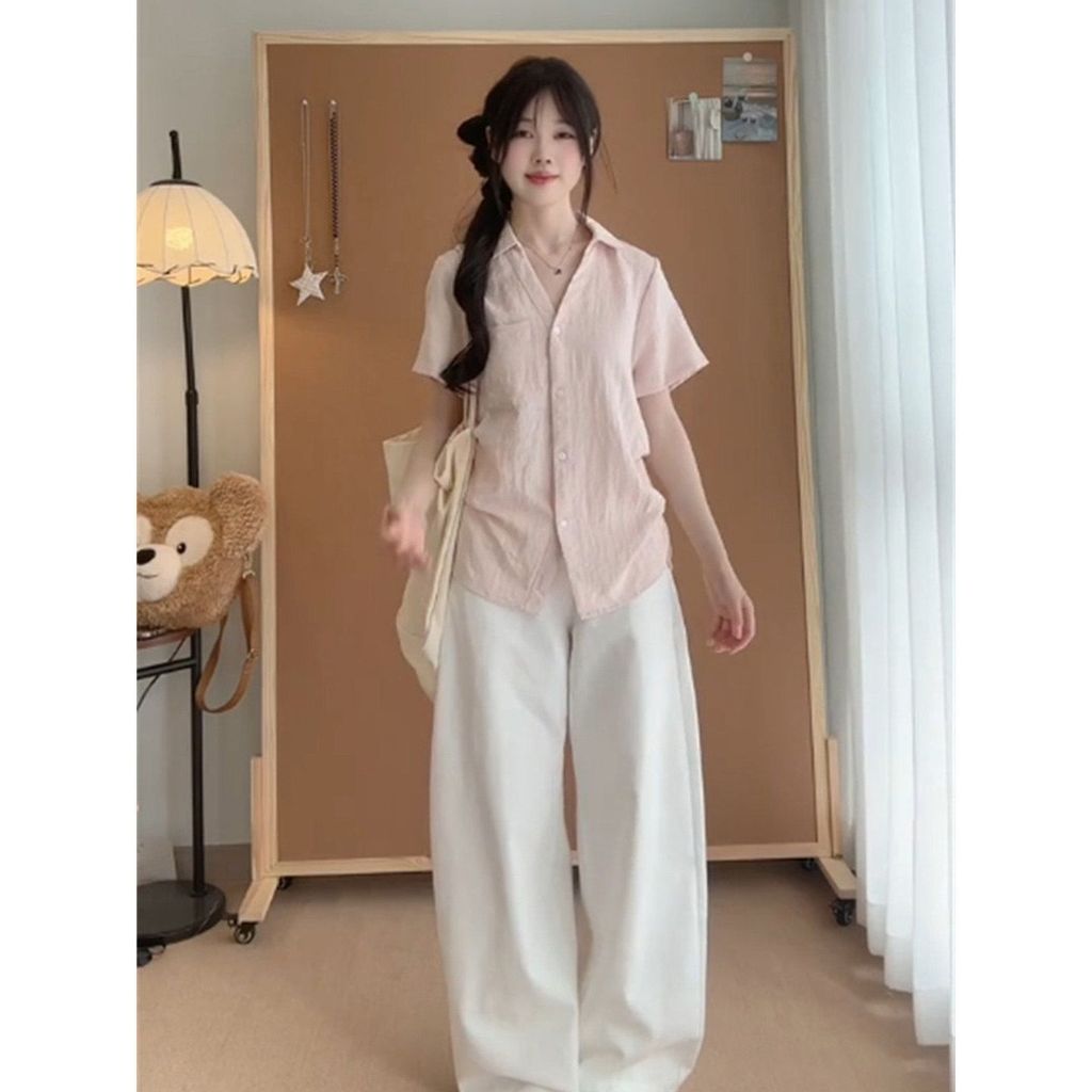 การจัดส่ง Slimmer ดู Slim-fit การออกแบบสีชมพูอเมริกันฤดูร้อนขี้เกียจเสื้อโปโลการจับคู่แขนสั้น 100 3W