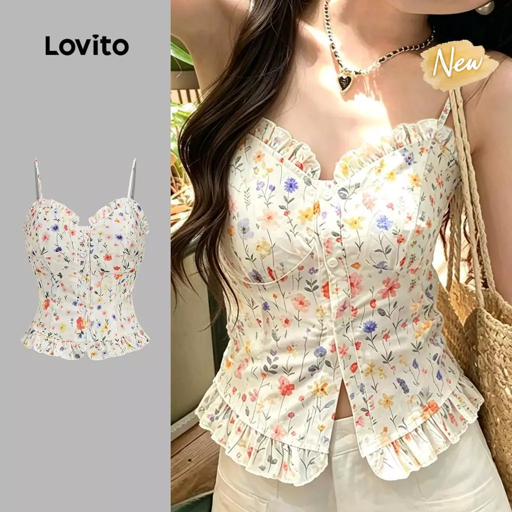 (New Arrival) Lovito เสื้อลายโบฮีเมียน แต่งขอบผักกาดหอม กระดุม สไตล์ฤดูใบไม้ผลิ/ฤดูร้อนสําหรับผู้หญิง วันหยุด เกาหลี อินเทรนด์ TKB200TD242