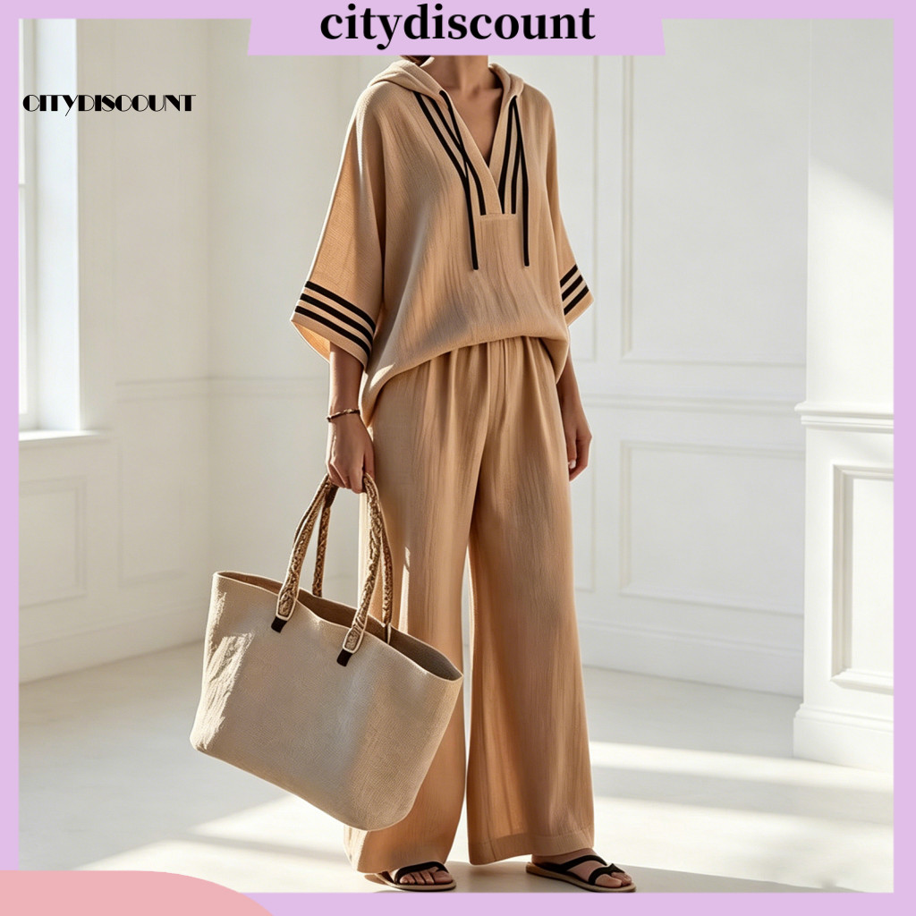<citydiscount> Hooded V คอด้านบนผู้หญิงน้ําหนักเบาผ้าระบายอากาศเสื้อผ้าผู้หญิงs ฤดูร้อนผ้าฝ้ายผ้าลิน