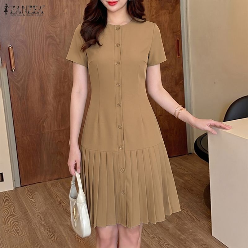 ZANZEA ชุดเดรสแขนสั้นคอกลมลําลองสไตล์เกาหลีสําหรับผู้หญิง — صورة 4