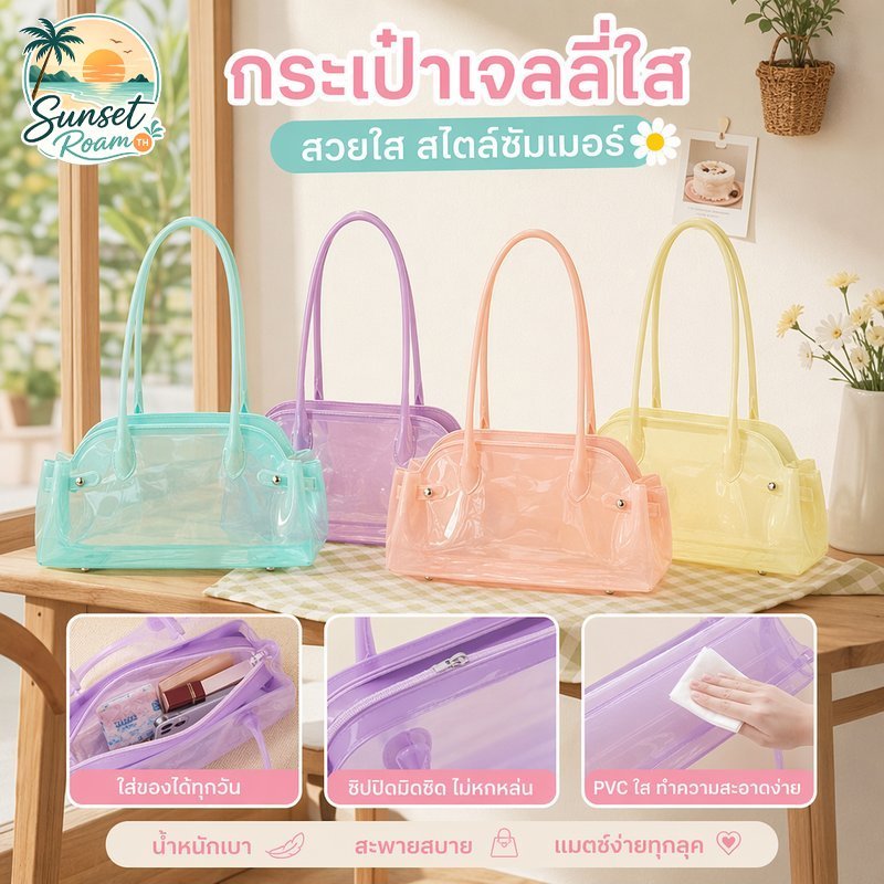 กระเป๋าสะพายข้าง ผู้หญิง PVC ใส โทนพาสเทล สไตล์เกาหลี เยลลี่ ซิป มีช่องซิปด้านใน น้ำหนักเบา