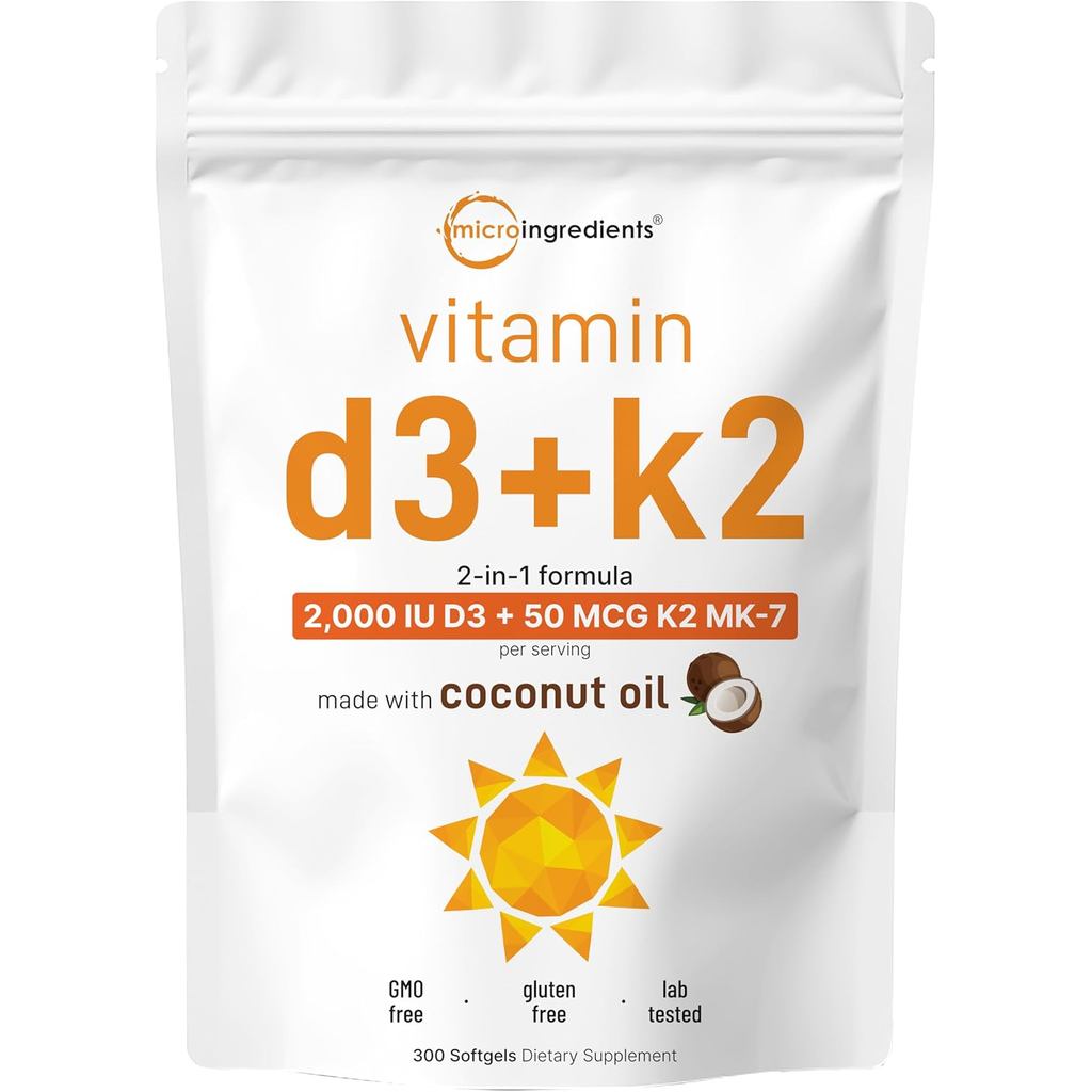 ส่วนผสมไมโครวิตามิน D3 2,000 IU + K2 MK-7 50 mcg, 300 ซอฟท์เจล | น้ํามันมะพร้าว Virgin | รองรับ 2-in