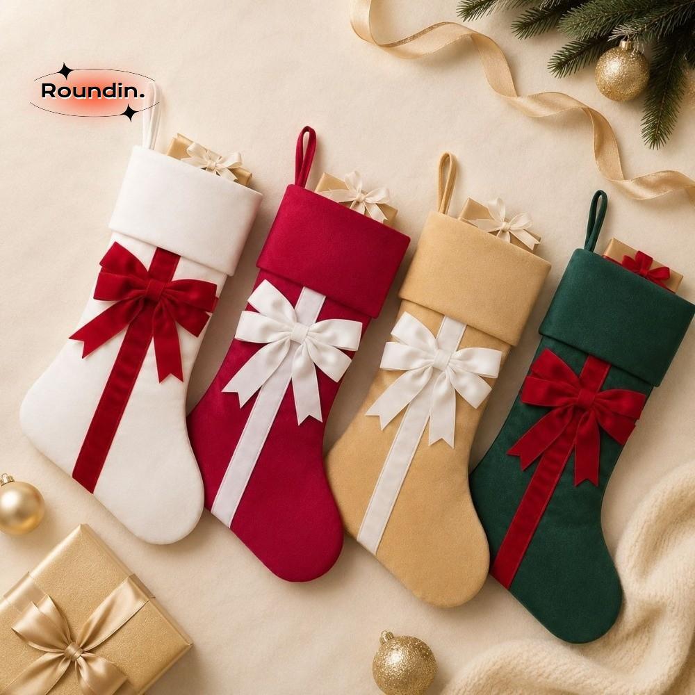 ROUNDIN กํามะหยี่ Bow Tie Christmas Stocking, Holiday Party Christmas Stocking ริบบิ้นกระเป๋าของขวัญ