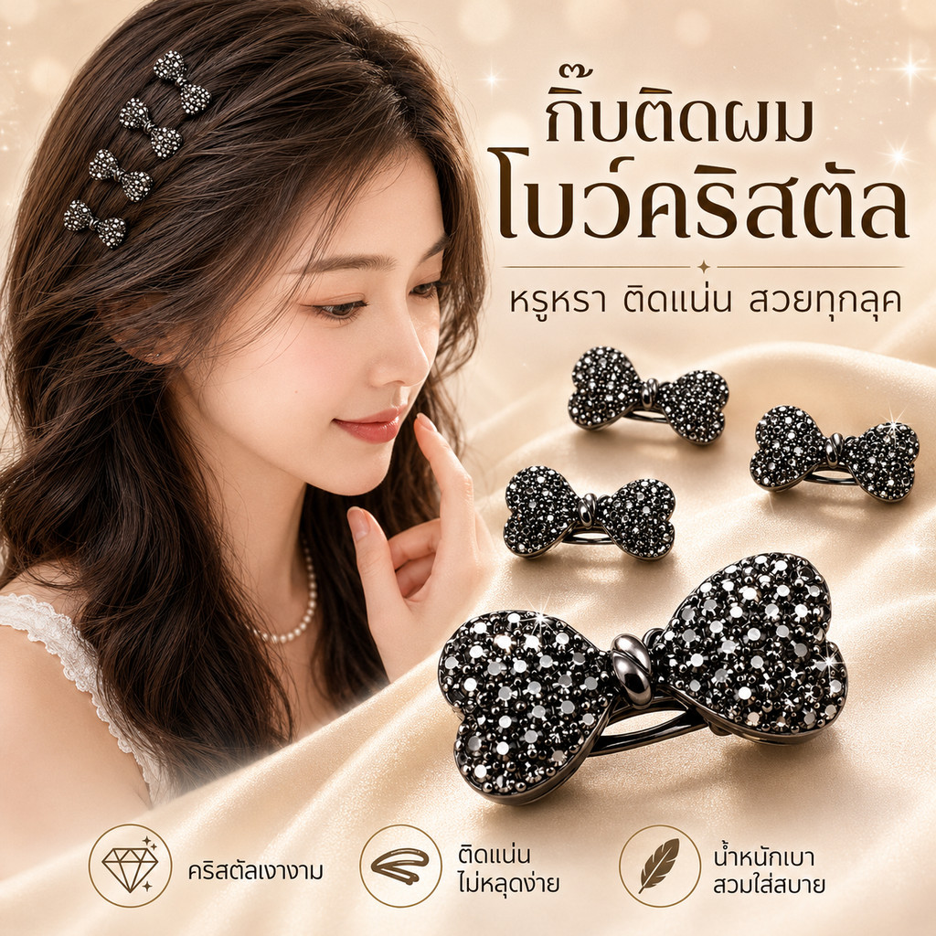 กิ๊บติดผมโบว์คริสตัลระยิบระยับ 2 ชิ้น/ชุด ดีไซน์หรู มินิมอล หนีบผมแน่น มี 4 สี เหมาะสำหรับสาวๆ
