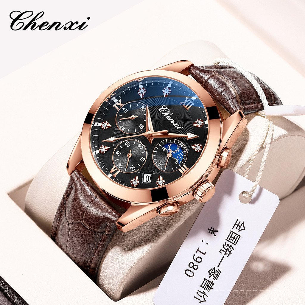 CHENXI ของแท้ CX-903 Moon Phase Multi-Function Three-Eye หกมือกีฬา Luminous กันน้ํานาฬิกาผู้ชาย