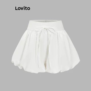 Lovito กางเกงขาสั้นแคชชวลทรงบอลลูน ปลายขากว้าง ผูกโบว์เรียบๆ สำหรับผู้หญิง เกาหลี อินเทรนด์ L88AD101