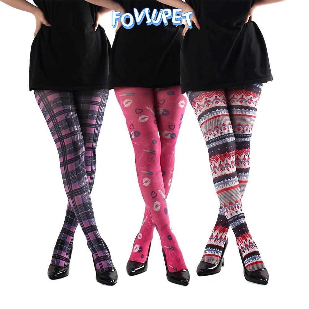 FOVIUPET ถุงน่องสตรี, Semi-Opaque Classic Tartan พิมพ์ Tights, แฟชั่นลายตารางลายสก๊อตสีแดงสีม่วงสีฟ้