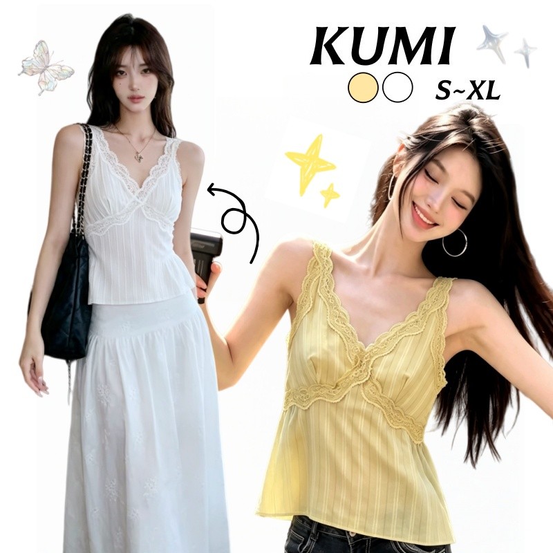 KUMI พร้อมส่ง🧀เสื้อกล้ามผ้าลูกไม้ V-neck ผูกโบว์หลัง🕊️เสื้อเปิดไหล่ผู้หญิง สไตล์สตรีทชิค ใส่แล้วดูผอม