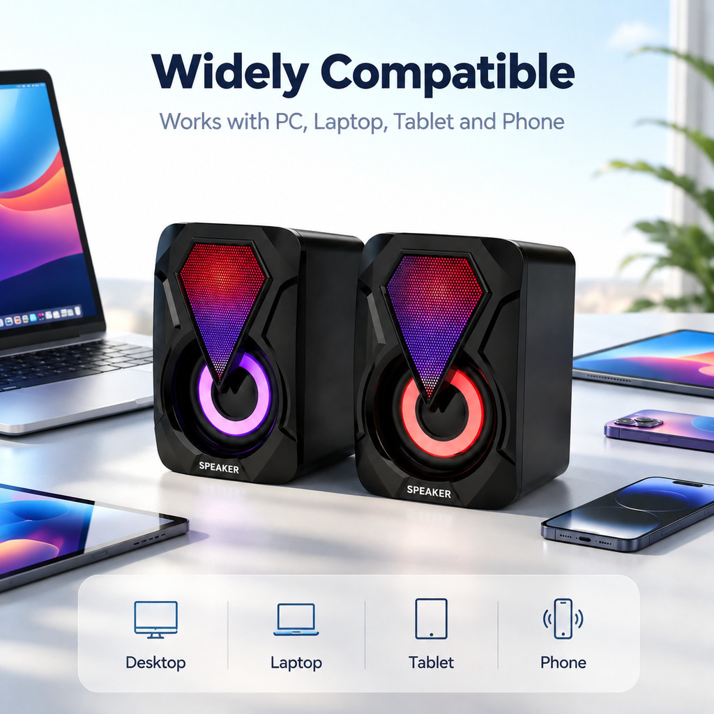 ลำโพง USB รุ่นใหม่ เสียงสเตอริโอ HiFi มาพร้อมไมโครโฟนแบบมีสาย USB และไฟ LED เหมาะสำหรับใช้งานบนโต๊ะทำงาน ซับวูฟเฟอร์ขายส