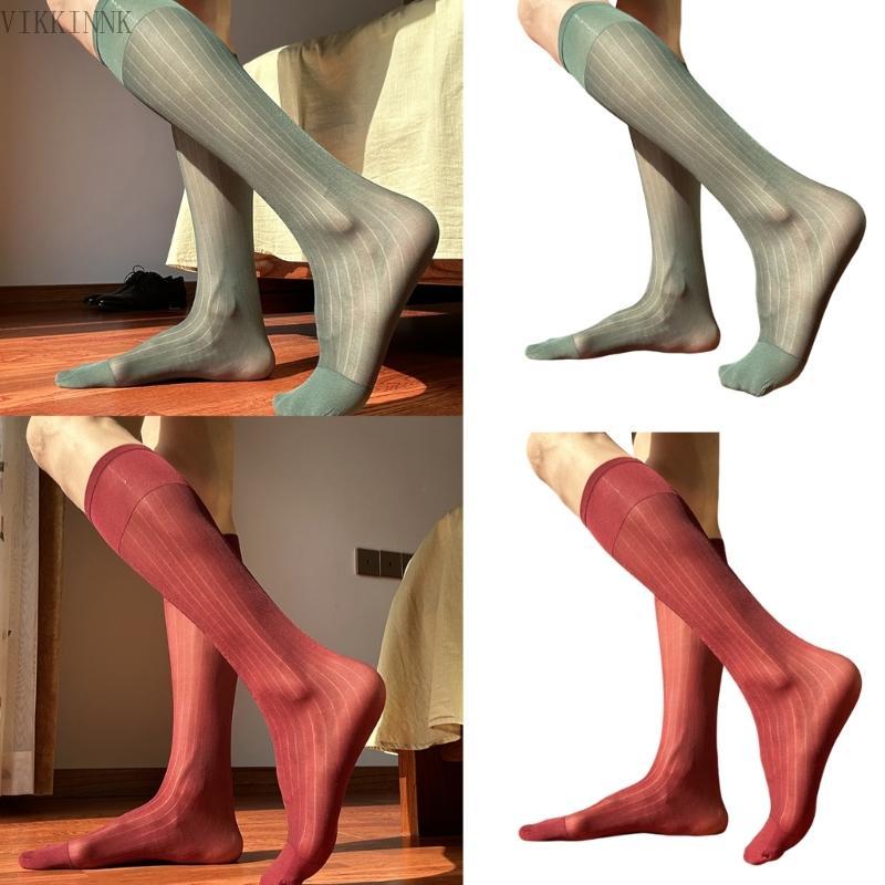 VIKK Mens Business Nylon Sheer Dress Socks Thin See Through Wide Striped Long Socks