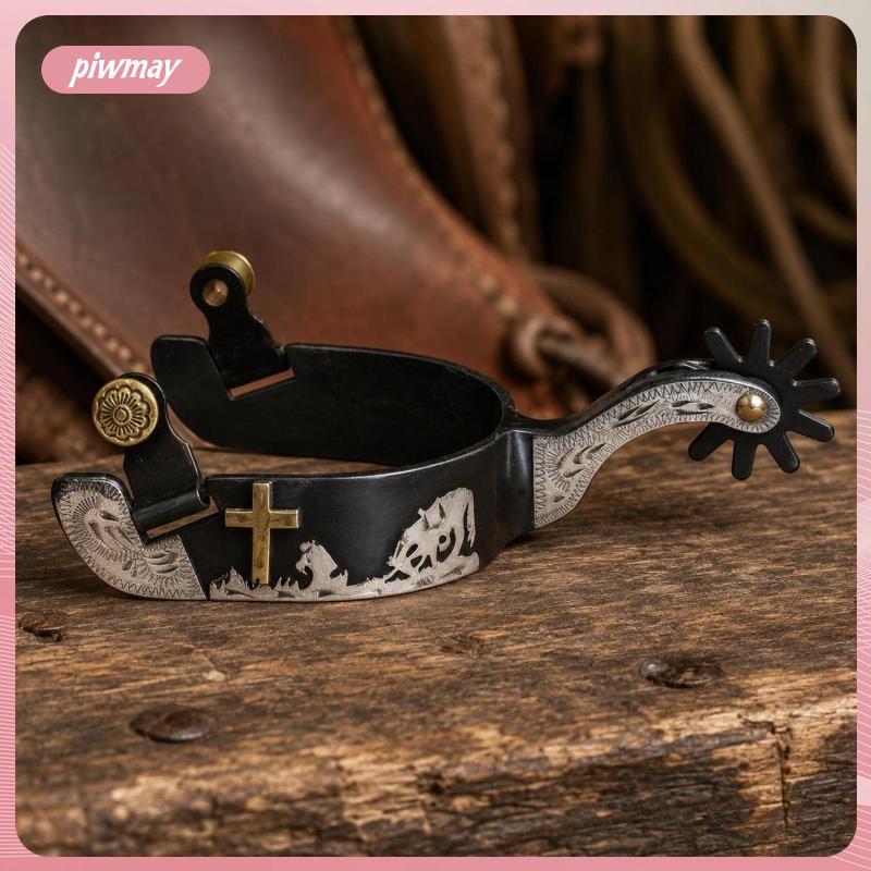 [piwmay] แผ่นเงินเยอรมัน Black Iron Spurs 2 1/4 นิ้ว Shank Western Cowboy Spurs ออกแบบผู้ชาย Horse T