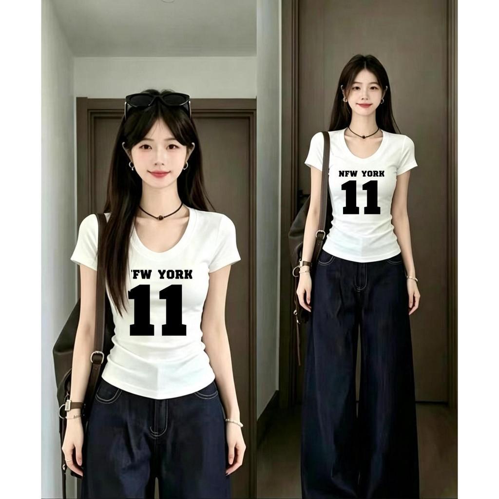 เสื้อยืดคอUลาย NEW YORK 11 สไตล์อเมริกัน ผอมเรียวสุดๆ สาวอ้วนใส่ได้ เสื้อครอปถ่ายรูปขึ้นกล้องมาก ผ้านุ่มผ้าสบายผิว สบายๆ