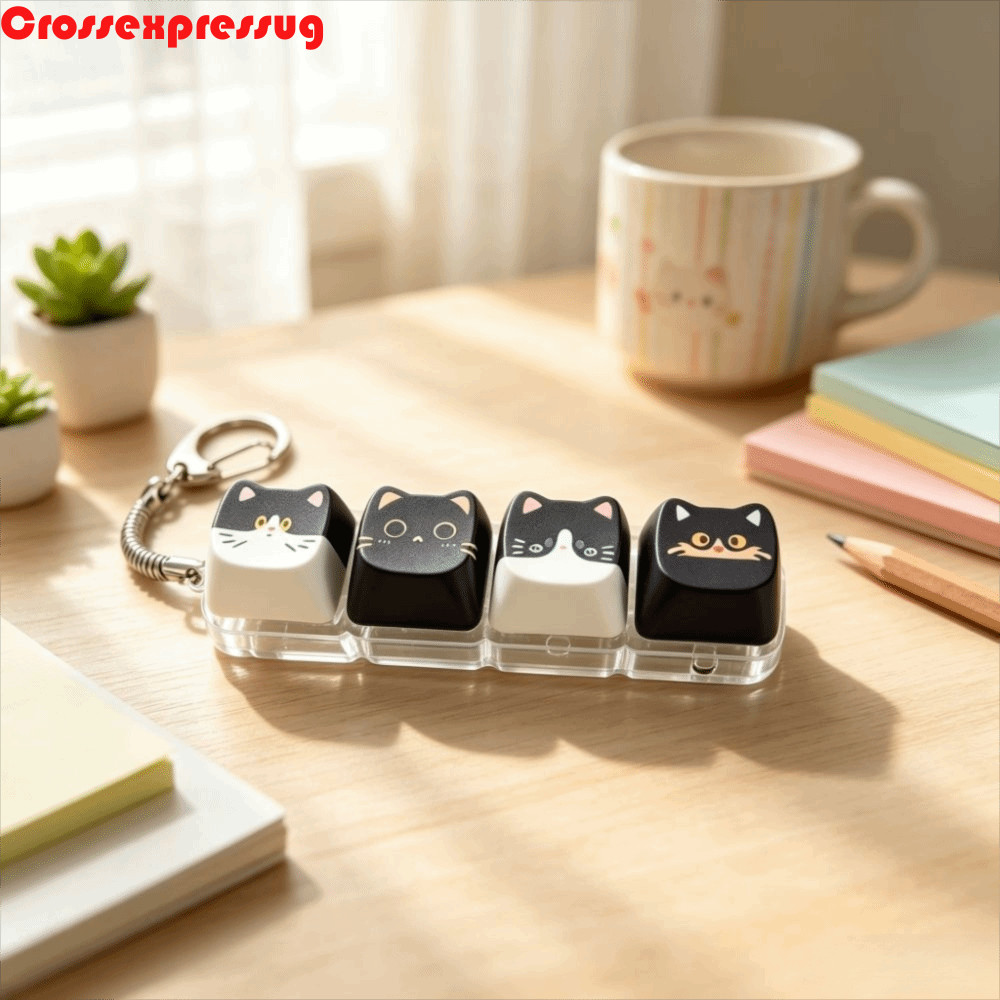 VORTEX Cat Mechanical Keyboard Keyring, 4-Key แมวน่ารัก Cat Fidget Clicker พวงกุญแจ, Creative Finger