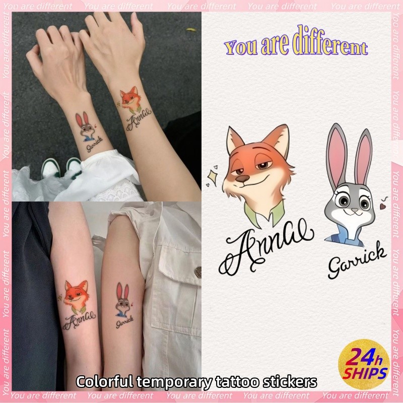 สีเหลืองสุนัขจิ้งจอกลายสักสาวเซ็กซี่ข้อมือสักสติกเกอร์รอยสักกันน้ํายาวนาน7วันสติกเกอร์ผิวชั่วคราวปลอม