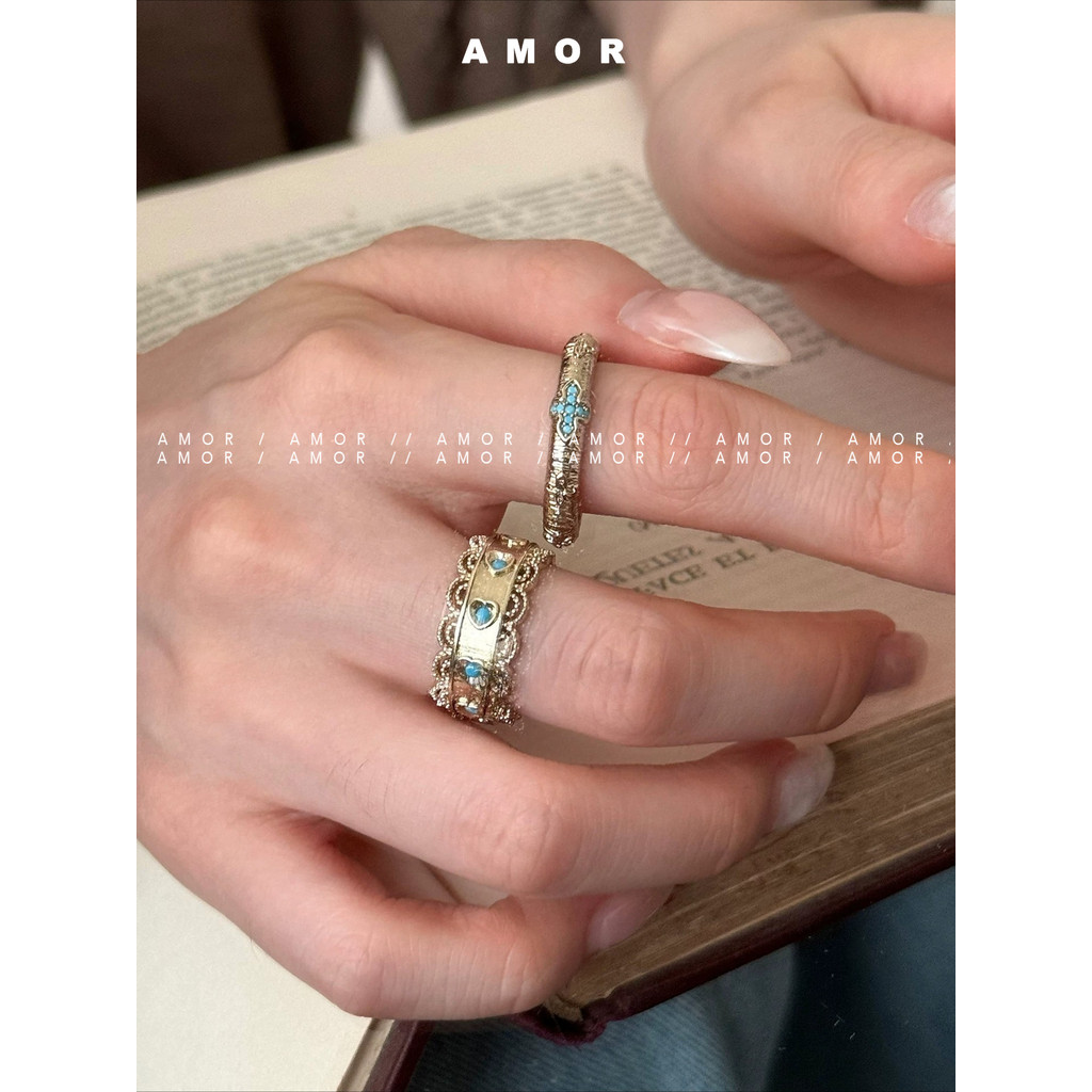 Dainty Vintage Turquoise Cross Heart แหวนลูกไม้หรูหรา Minimalist ผู้หญิง Index Finger แหวนเครื่องประดับทุกวันอุปกรณ์เสริม