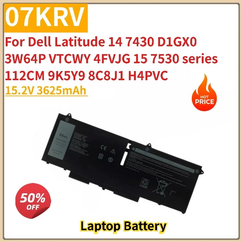 คุณภาพสูง 07KRV 15.2V 3625mAh แบตเตอรี่แล็ปท็อปสําหรับ Dell Latitude 14 3W64P VTCWY 7430 D1GX0 4FVJG