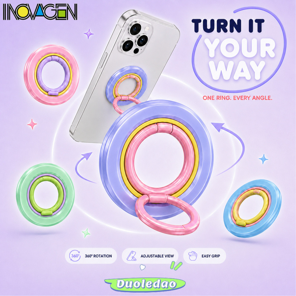 INOVAGEN CandyLoop ที่วางนิ้วมือถือ,ที่จับโทรศัพท์แบบแม่เหล็กสองด้านพร้อม 360° ขาตั้งแบบพับได้แบบปรับได้สําหรับงานคาเฟ่ เที่ยวบิน มุมมองข้างเตียง การเดินทางบนถนนและของใช้ประจําวัน