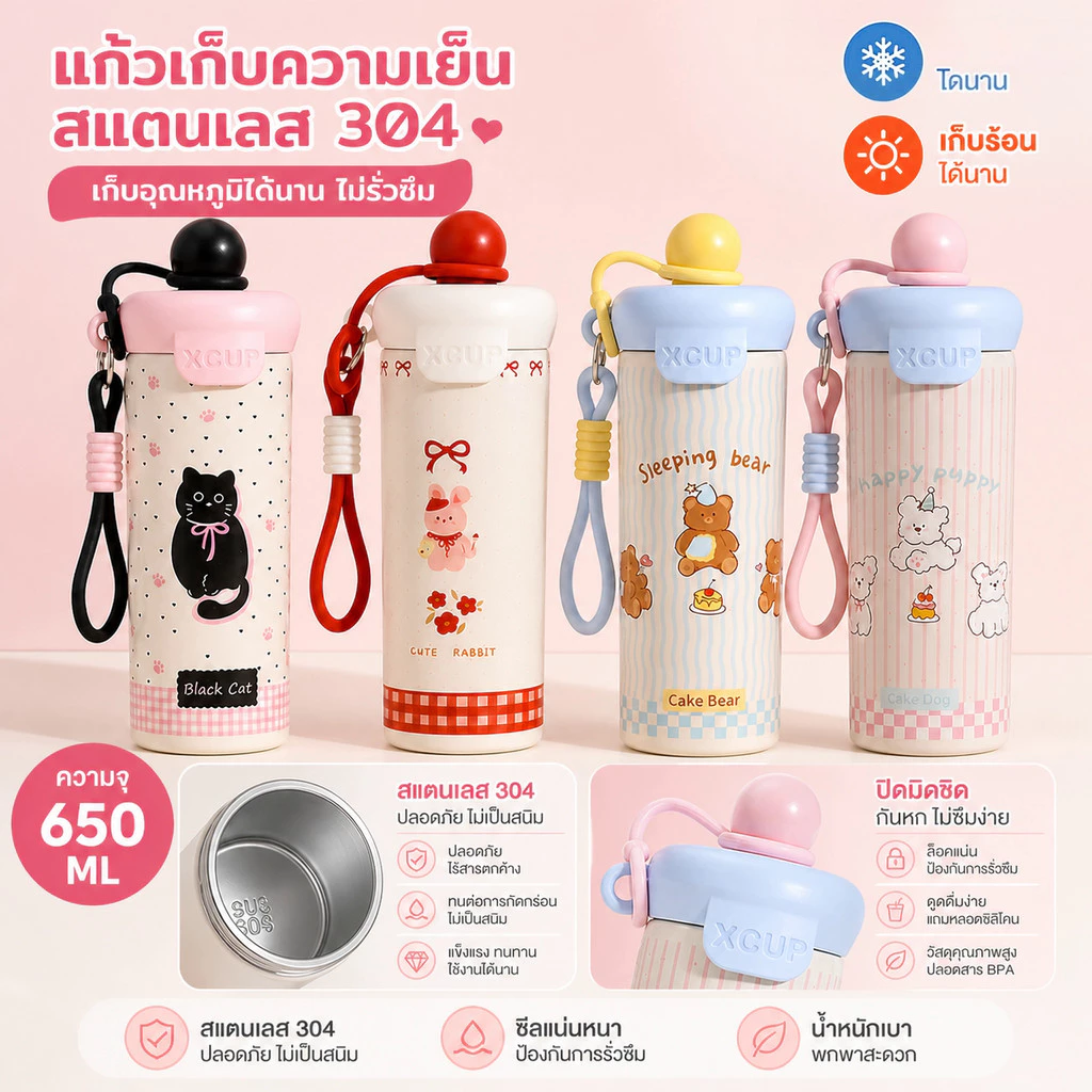 [เก็บความร้อน]ถ้วยน้ำฉนวน ถ้วยน้ำเย็น 316สแตนเลส รูปแบบการ์ตูนน่ารัก การเก็บรักษาความร้อนเป็นเวลานาน