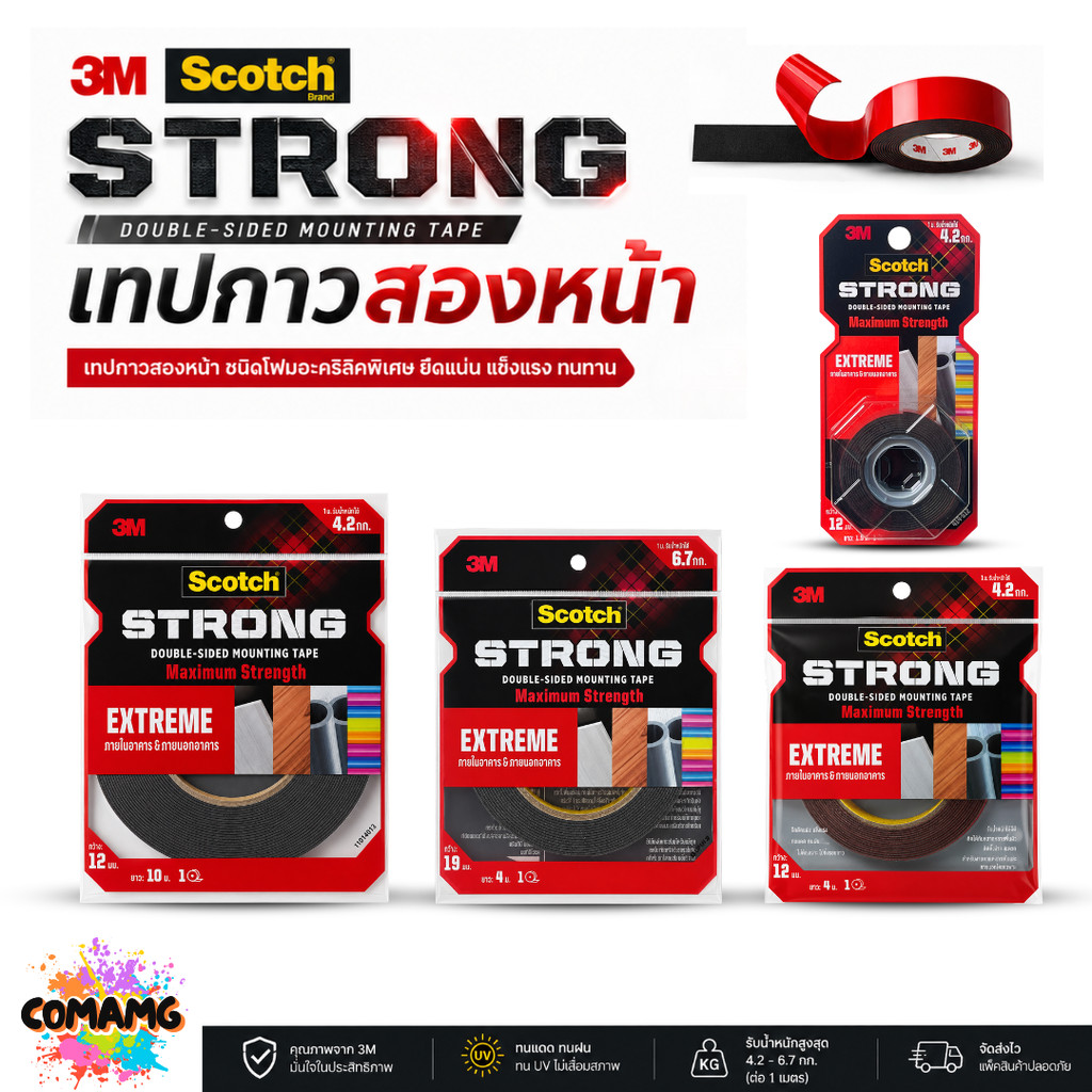 3M Scotch STRONG EXTREME เทปกาวสองหน้าพลังยึดติดสูง Mounting Tape รุ่น 414 ใช้ได้ทั้งภายในและภายนอก 