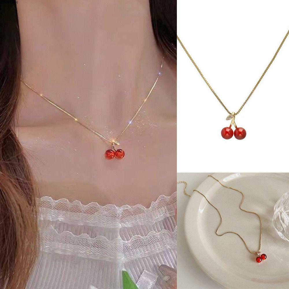JONY1PH สร้อยคอโซ่ผลไม้, เครื่องประดับ Jewery สร้อยคอจี้เชอร์รี่สีแดง, สร้อยคอโซ่สีทองน่ารัก Jewery 