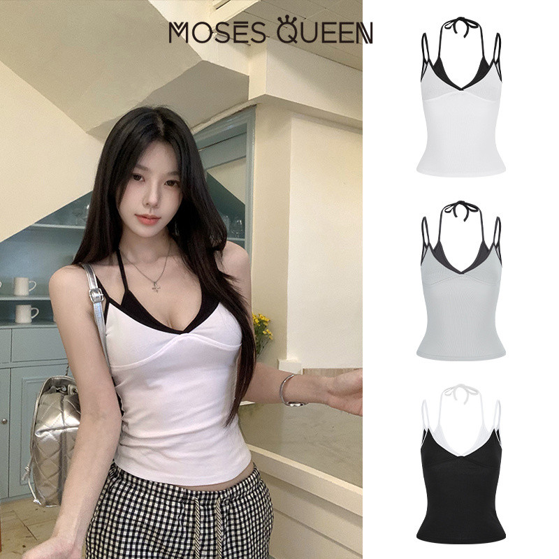 MOSESQUEEN เสื้อวงคอ v สองชิ้นเทียมที่เข้ากันกับไหล่เสื้อแขนกุดแขนสั้น #64011
