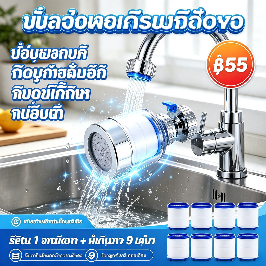 เครื่องกรองน้ำติดหัวก๊อก 1 ชุด+ไส้กรอง 9 ตัว ข้อต่อสากล ใช้กับก๊อกทั่วไป หมุนได้360° กรองสนิม ตะกอน คลอรีน