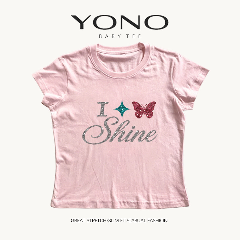 (พร้อมส่ง24ชม) YONO Baby Tee เสื้อยืดผู้หญิง ทรงเข้ารูป ลาย I Shine ผีเสื้อประกายวิบวับ สไตล์แฟชั่น