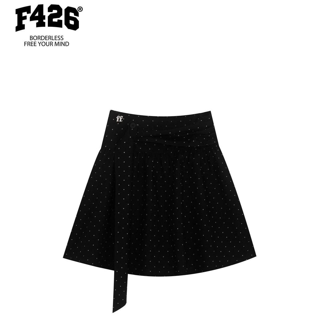 F426 กระโปรงผู้หญิง เอวสูง ทรงเอ สีขาวลายจุด กระโปรงมิดิ ดีไซน์ป้ายผูกเอว แฟชั่นลำลอง
