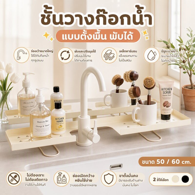 ชั้นวางรอบก๊อกน้ำ แบบตั้งพื้น พับได้ เหล็กคาร์บอน มีรูระบายน้ำ ไม่ต้องเจาะ ห้องน้ำ-ห้องครัว