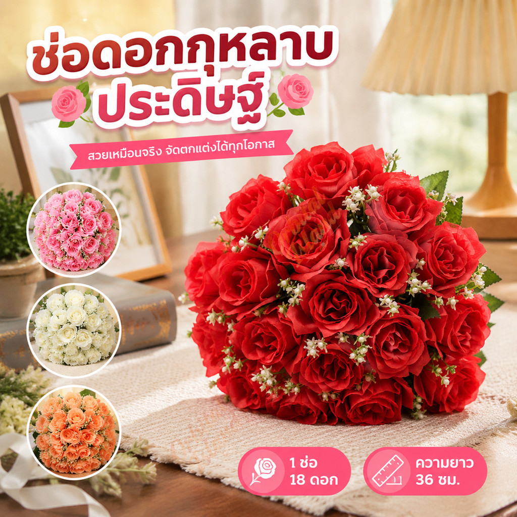 ช่อกุหลาบประดิษฐ์ 18ดอก ดอกไม้ปลอมสวยงาม เหมาะตกแต่งภายในบ้าน / หลากหลายรูปแบบให้เลือก