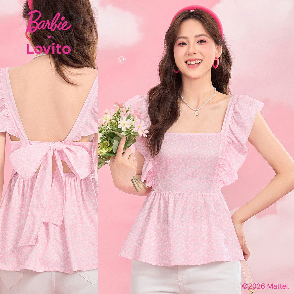 Barbie™ X Lovito เสื้อเบลาส์ผู้หญิงสีชมพูฤดูใบไม้ผลิ/ฤดูร้อน ผูกหลัง ขอบระบาย แบบลําลอง BLBL4PAD010