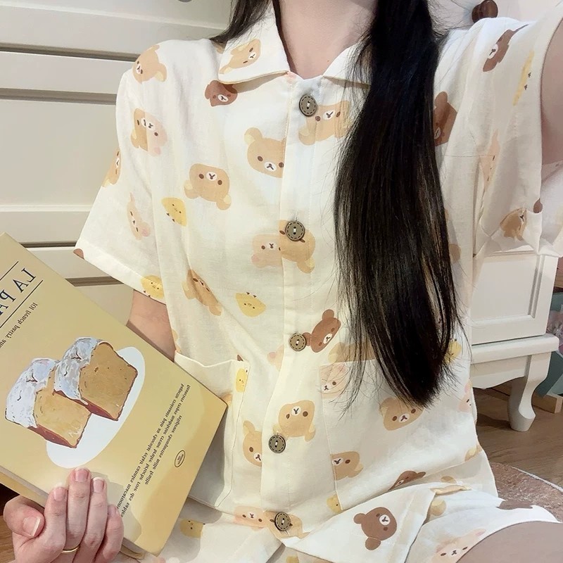 Gummy Bear Diary ชุดนอนสาวฤดูร้อนวันผ้าฝ้ายเส้นด้ายฝ้ายกางเกงขาสั้นแขนสั้น Soft Breathable Homewear 