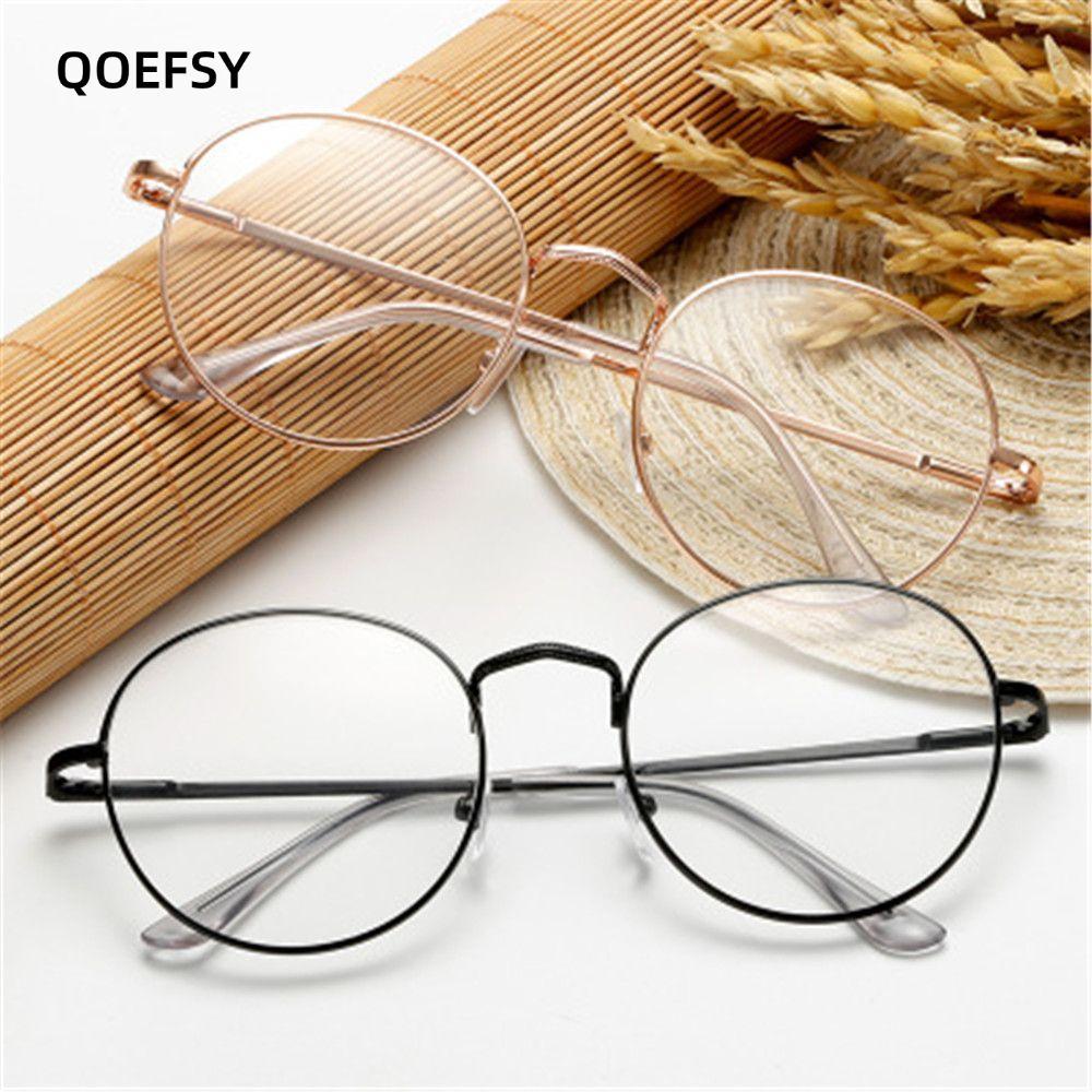 QOEFSY Round Glasses Women Men Metal Large Portable Optical Glasses