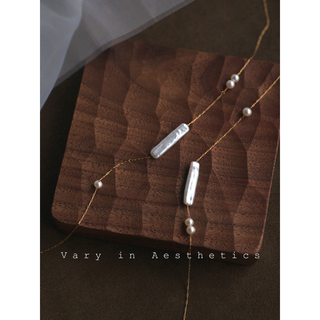 VIA ผ่าน ins Cool สไตล์ธรรมชาติเงินบาร์รูปยาวน้ําจืด Baroque Pearl Fine Chain Clavicle สร้อยคอผู้หญิ