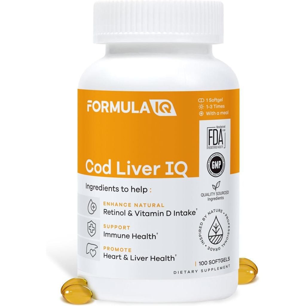 สูตร IQ - Cod IQ - Cod Oil Softgels - แหล่งธรรมชาติของวิตามิน A & D และ Omega-3 Fatty Acids - Heart 
